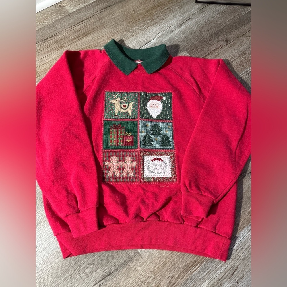 VTG Valorie Folk Art Christmas Sweatshirt Embroidered Gingerbread Red Green S M
